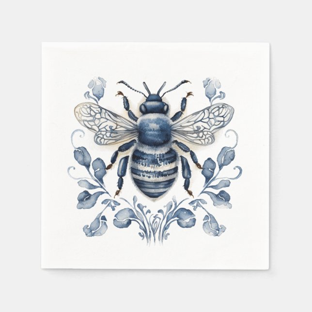 Servilleta De Papel Diseño de abejas de estilo Delft azul y blanco con (Anverso)