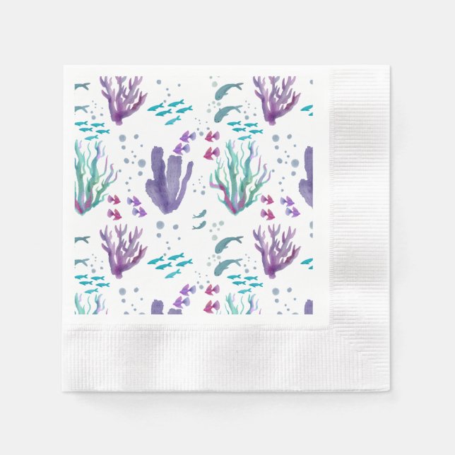 Servilleta De Papel Diseño de acuarela de peces y corales (Anverso)