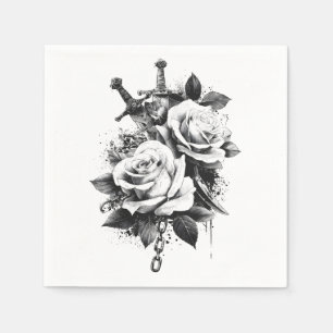 Servilleta De Papel Diseño de arte de tatuaje blanco y negro de alto c