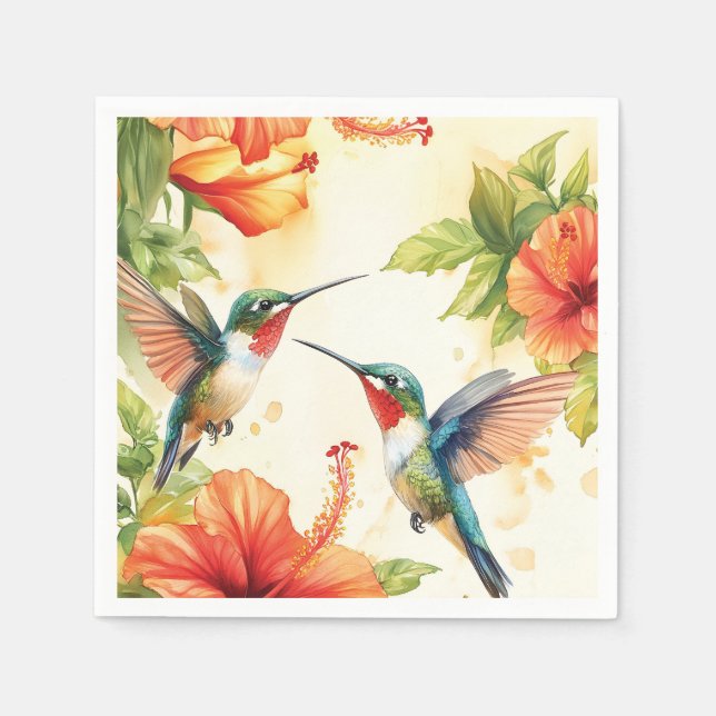 Servilleta De Papel Diseño de colibrí acuarela y flores (Anverso)