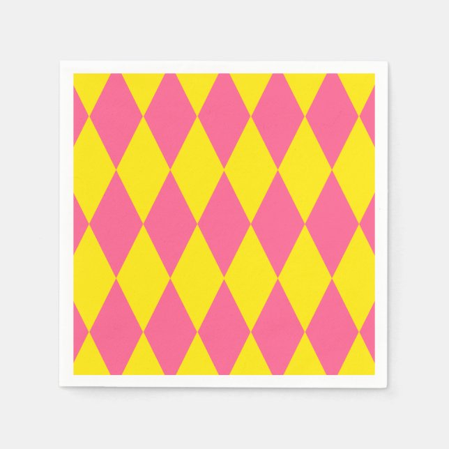 Servilleta De Papel Diseño de cuadros arlequín rosa y amarillo (Anverso)
