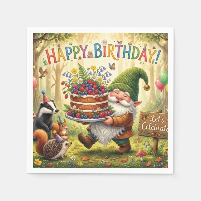 Servilleta De Papel Diseño de cumpleaños de gnomo de jardín del bosque (Anverso)