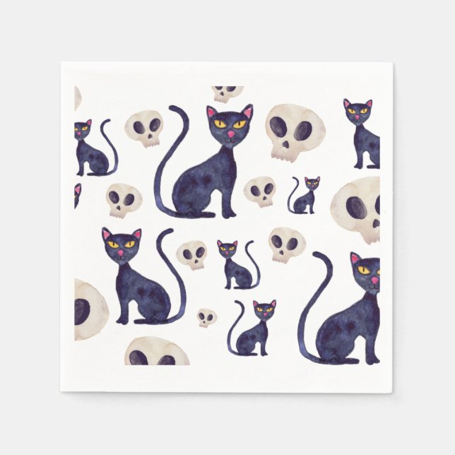 Servilleta De Papel Diseño de Halloween para gato negro y cráneo (Anverso)