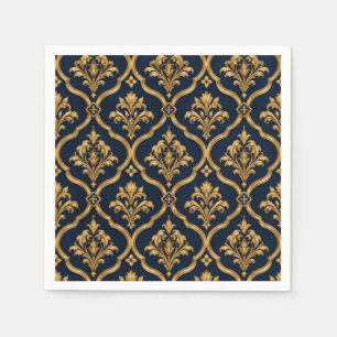 Servilleta De Papel Diseño de Motivo Vintage de Damasco Dorado y Azul