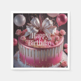 Servilleta De Papel Diseño de pastel de cumpleaños elegante rosa y dor