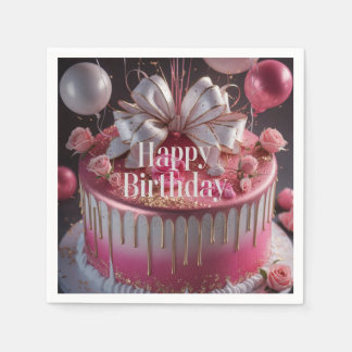 Servilleta De Papel Diseño de pastel de cumpleaños elegante rosa y dor