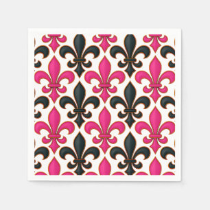 Servilleta De Papel Diseño de patrón barroco de flor de lis negro rosa