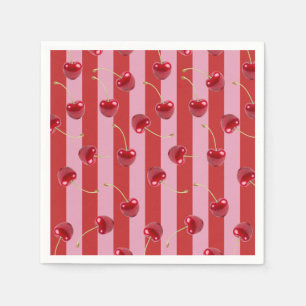 Servilleta De Papel Diseño de raya roja y rosa con cerezas
