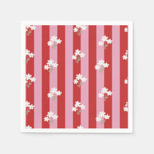 Servilleta De Papel diseño de raya roja y rosa con flores blancas