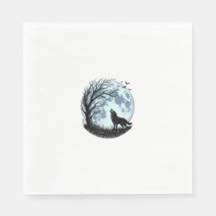 Servilleta De Papel Diseño de silueta de árbol de luna aullando lobo v
