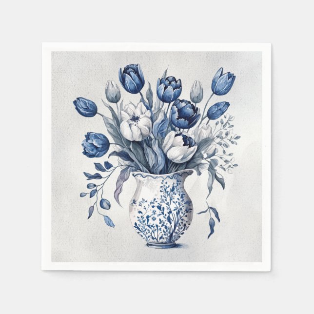 Servilleta De Papel Diseño de tulipanes estilo Delft azul y blanco (Anverso)