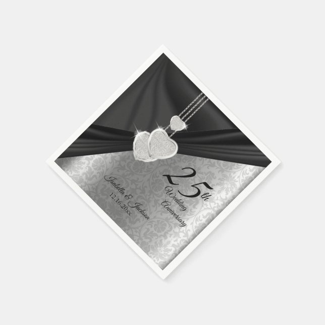 Servilleta De Papel Diseño del 25° aniversario de Boda Plata y Negro (Borde)