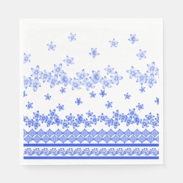 Servilleta De Papel Diseño floral azul y blanco, (Anverso)