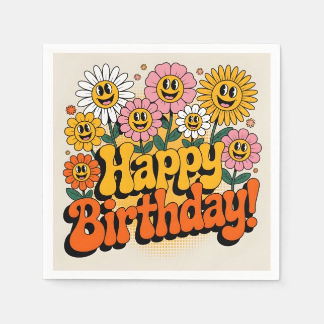 Servilleta De Papel Diseño floral feliz cumpleaños retro (Anverso)