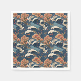 Servilleta De Papel Diseño Japonés Grulla y Flor de Cerezo Chinoiserie