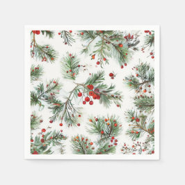 Servilleta De Papel Diseño navideño de berries rojas y pinos