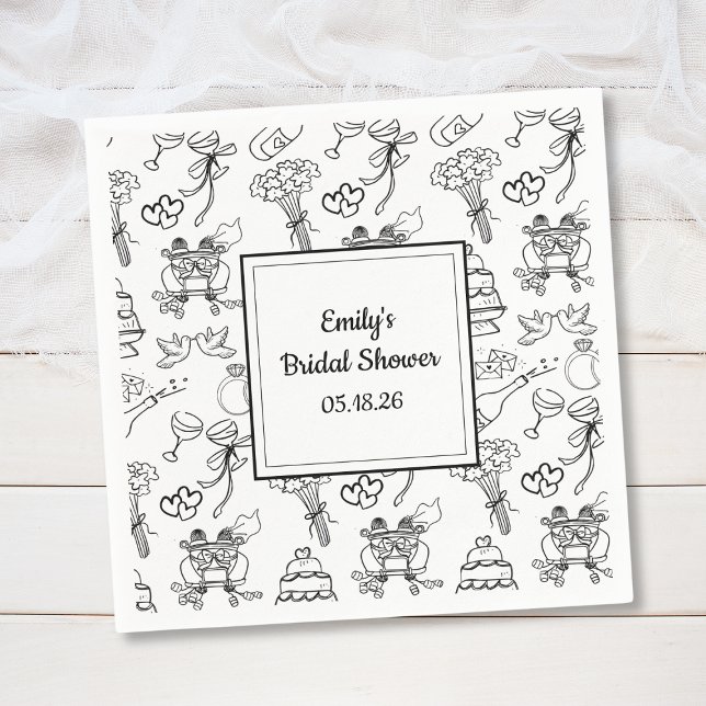 Servilleta De Papel Diversión Caprichoso Dibujo Moderno Lindo Despedid (Custom bridal shower napkins featuring whimsical wedding icons – perfect for a trendy celebration.)