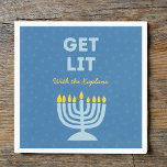 Servilleta De Papel Divertida Moda "Get Lit" Personalizada Menorah Han<br><div class="desc">Añade una chispa festiva a tu celebración de Hanukkah con estas divertidas servilletas de "Get Lit". Con un atrevido ilustracion azul menorah y un personalizable de texto con el nombre de la familia, estas servilletas le aportan humor y personalidad a sus reuniones de vacaciones. La frase alegre y los colores...</div>