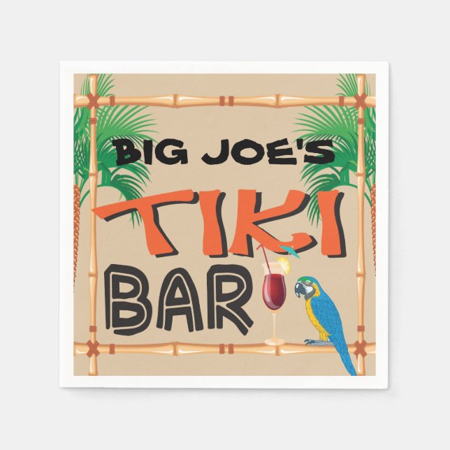 Servilleta De Papel Divertido bar Tiki con nombre personalizado y loro (Anverso)