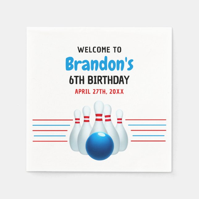 Servilleta De Papel Divertido Blue & Red Bowling Kids 6º cumpleaños (Anverso)