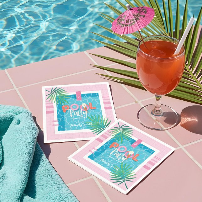 Servilleta De Papel Divertido Fiesta de piscina tropical rosa y azul t (Fun Tropical Pink & Blue Tropical Pool Party Napkins)