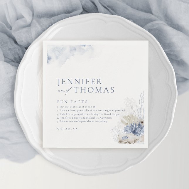 Servilleta De Papel Divertido hecho coral azul y conchas playa Boda (Fun facts blue coral & seashells beach Wedding Napkins)