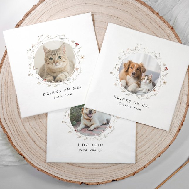 Servilleta De Papel Dog Napkins Drinks on Us Elegant Wedding (Cute elegant wedding napkins with pet photo and watercolor wildflower design, “drinks on us” text.)