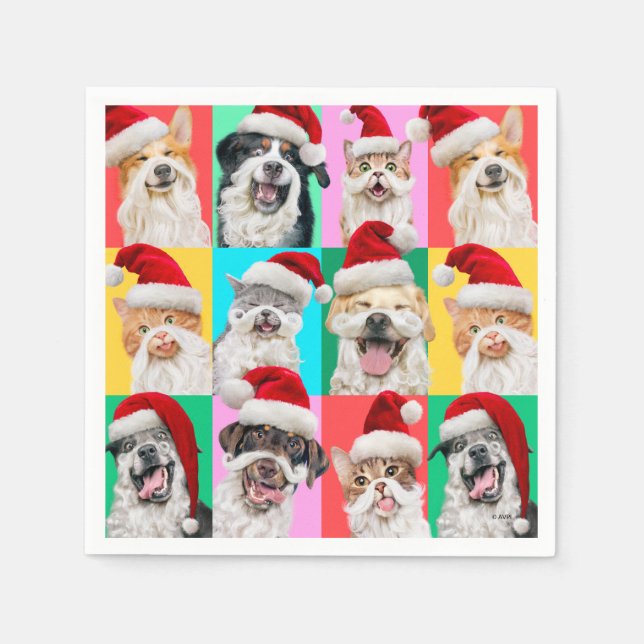 Servilleta De Papel Dogs and Cats with Santa Beard (Anverso)