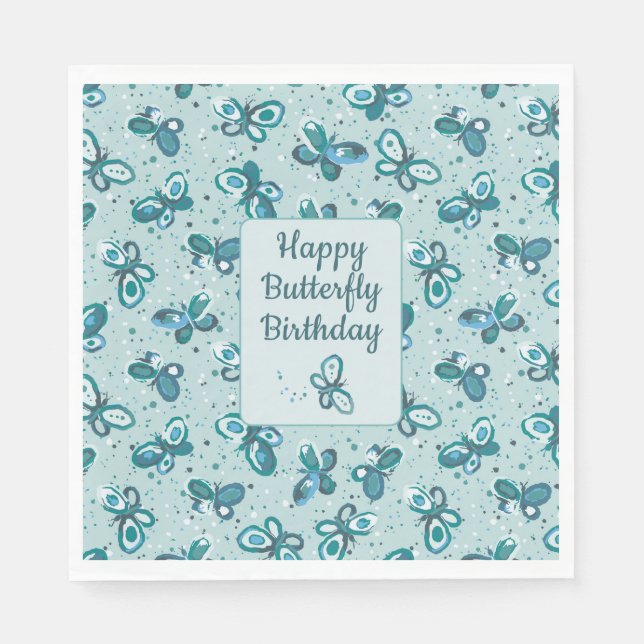 Servilleta De Papel Doodle Bugs Butterflies - turquoise - birthday. (Anverso)