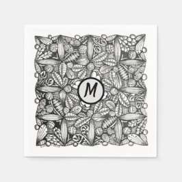 Servilleta De Papel Doodle dibujado a mano en blanco y negro con monog