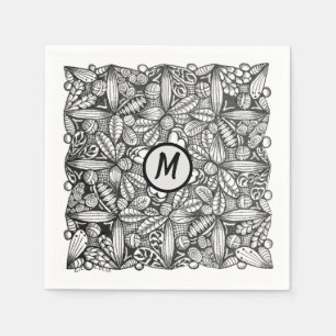 Servilleta De Papel Doodle dibujado a mano en blanco y negro con monog