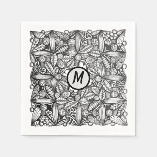 Servilleta De Papel Doodle dibujado a mano en blanco y negro con monog