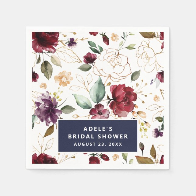 Servilleta De Papel Dorado Burgundy Floral Pattern Bridal Shower (Anverso)