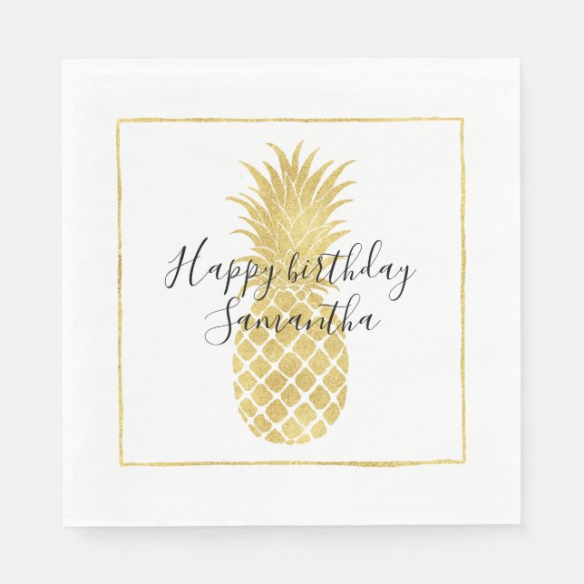 Servilleta De Papel Dorado Glitzy Pineapple Birday (Anverso)