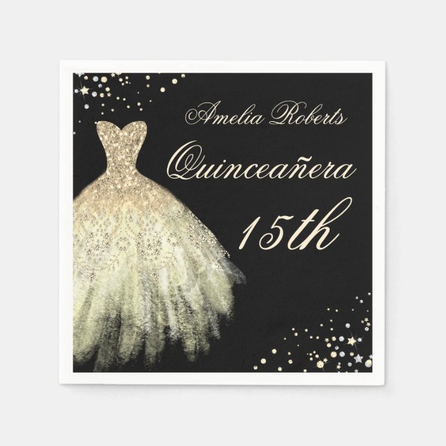 Servilleta De Papel Dorado negro Sparkke Vestido Quinceanera Napkin (Anverso)