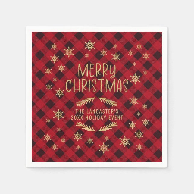 Servilleta De Papel Dorado Purpurinoso Copo de nieve Rojo Merry Navida (Anverso)