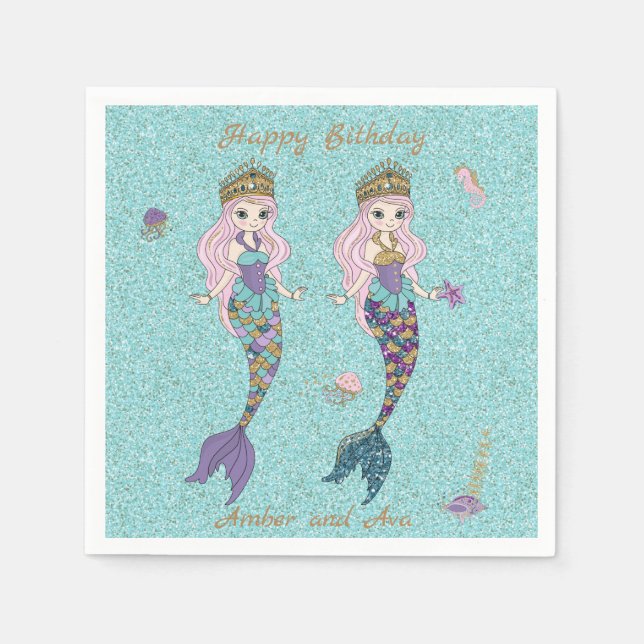 Servilleta De Papel Dos Chicas gemelos Mermaid Napkins Party Birthday (Anverso)