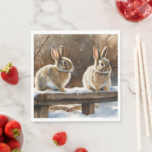 Servilleta De Papel Dos conejos cascos en un banco de nieve