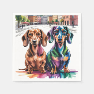 Servilleta De Papel Dos Dachshunds Coloridos en una Plaza de una Ciuda