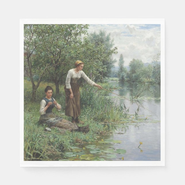 Servilleta De Papel Dos mujeres pescando en la hierba junto al río (Anverso)