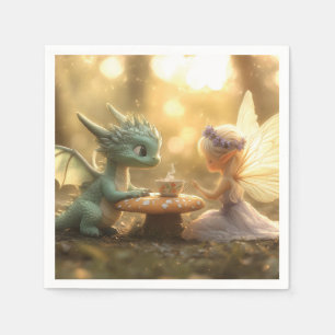 Servilleta De Papel Dragón bebé lindo y hada disfrutando del té