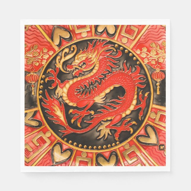 Servilleta De Papel Dragón chino tradicional de oro rojo (Anverso)