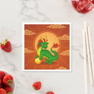 Servilleta De Papel Dragón Chino Verde sobre Rojo