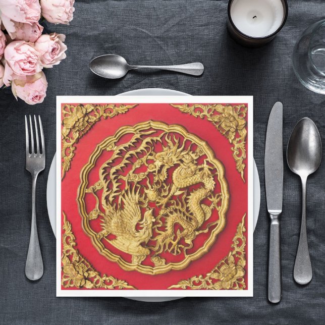 Servilleta De Papel Dragon Phoenix Red Gold Boda China (Dragon Phoenix Red Gold Chinese Wedding Napkins)