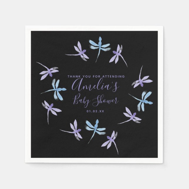 Servilleta De Papel Dragonflies Mano Pintada Baby Shower Black (Anverso)