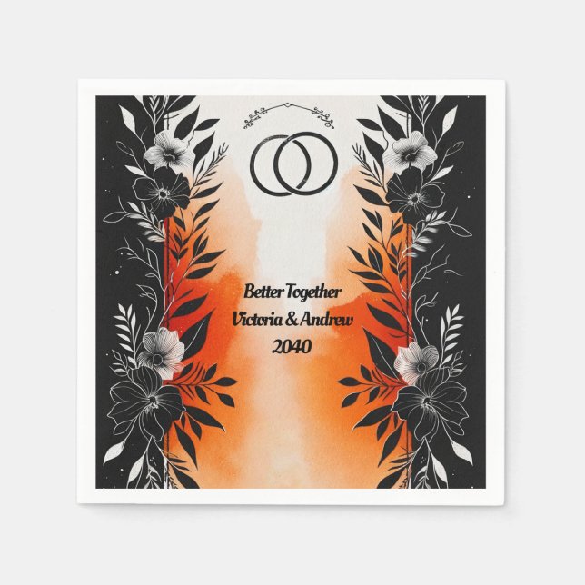 Servilleta De Papel Dramática acuarela Naranja negro Boda floral (Anverso)