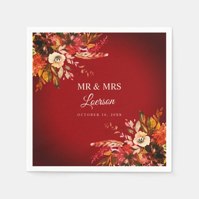 Servilleta De Papel Dramático otoño Red Floral Mr & Mrs Boda (Anverso)
