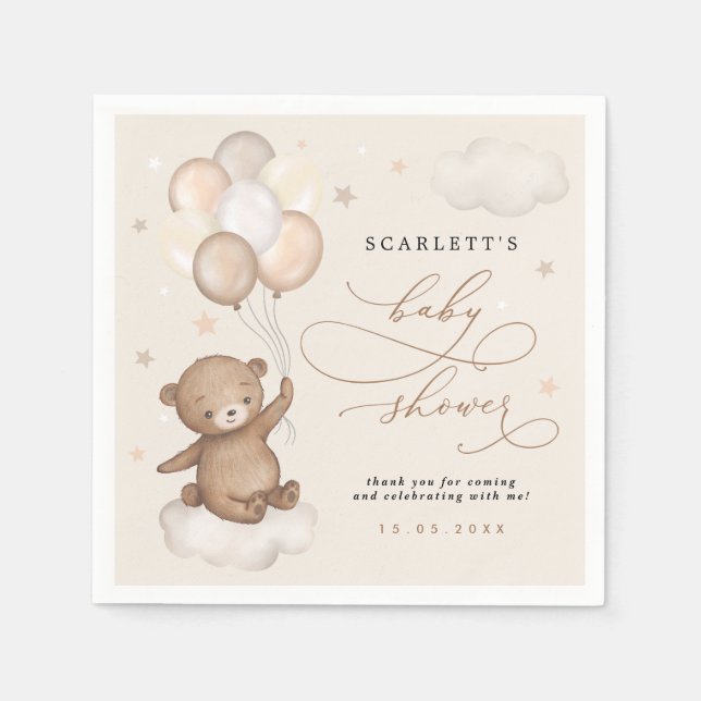 Servilleta De Papel Dreamy Bear & Balloons Pastel Brown Baby Shower (Anverso)