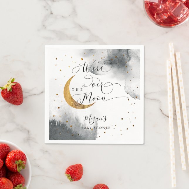 Servilleta De Papel Dreamy Gray Gold Over The Moon Baby Shower (In situ)