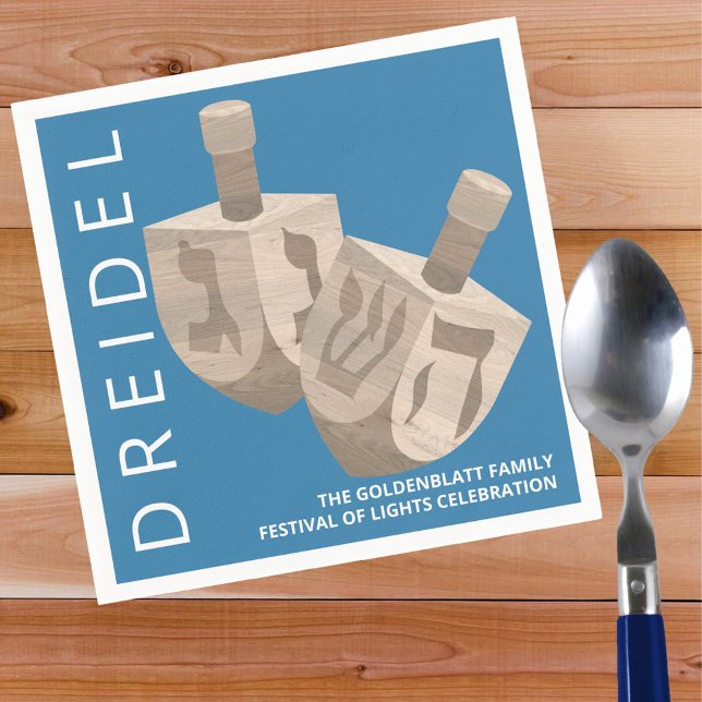 Servilleta De Papel Dreidel Rustic Oak Blue Personalizado Hanukkah (These personalized Hanukkah paper napkins will add a custom touch to of your parties and gatherings)